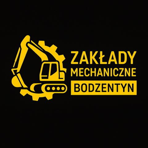 Logo Zakłady Mechaniczne Bodzentyn — żółta koparka na tle koła zębatego